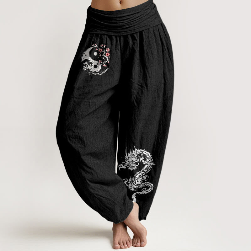Buddha Stones Dragon Yin Yang Waves Flower Pattern Pure Cotton Women's Elastic Waist Harem Pants - Black - US16,UK/AU20,EU48 (3XL) - image 0