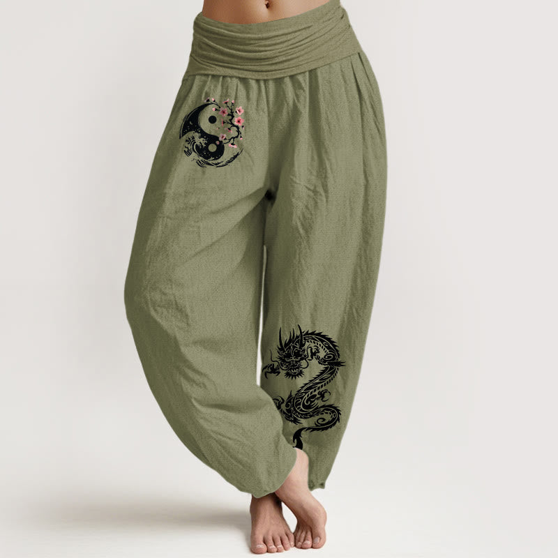 Buddha Stones Dragon Yin Yang Waves Flower Pattern Pure Cotton Women's Elastic Waist Harem Pants - OliveDrab - US16,UK/AU20,EU48 (3XL) - image 14