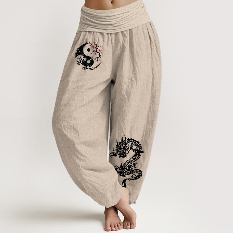 Buddha Stones Dragon Yin Yang Waves Flower Pattern Pure Cotton Women's Elastic Waist Harem Pants - Tan - US16,UK/AU20,EU48 (3XL) - image 11