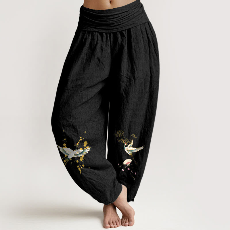 Buddha Stones Crane Auspicious Clouds Flower Pattern Pure Cotton Women's Elastic Waist Harem Pants - Black - US16,UK/AU20,EU48 (3XL) - image 11