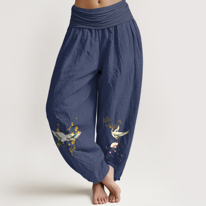 Buddha Stones Crane Auspicious Clouds Flower Pattern Pure Cotton Women's Elastic Waist Harem Pants - DarkSlateBlue - US16,UK/AU20,EU48 (3XL) - image 14