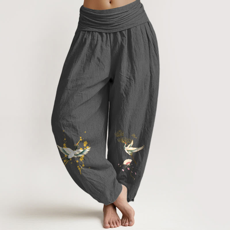 Buddha Stones Crane Auspicious Clouds Flower Pattern Pure Cotton Women's Elastic Waist Harem Pants - DimGray - US16,UK/AU20,EU48 (3XL) - image 0
