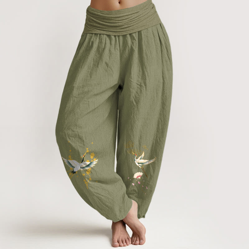 Buddha Stones Crane Auspicious Clouds Flower Pattern Pure Cotton Women's Elastic Waist Harem Pants - OliveDrab - US16,UK/AU20,EU48 (3XL) - image 8