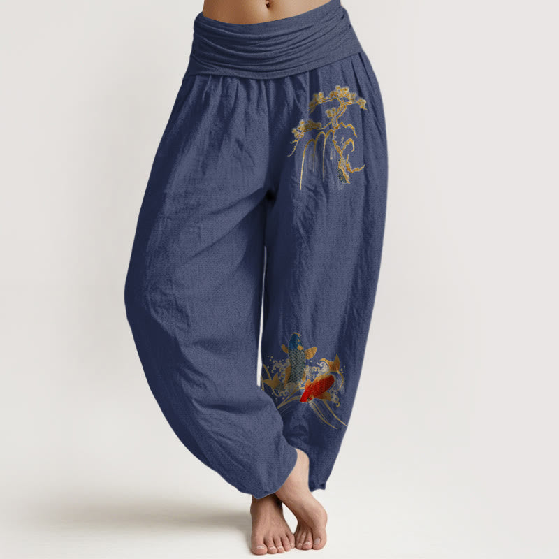 Buddha Stones Pure Cotton Pine Tree Koi Fish Pattern Women's Elastic Waist Harem Pants - DarkSlateBlue - US16,UK/AU20,EU48 (3XL) - image 5
