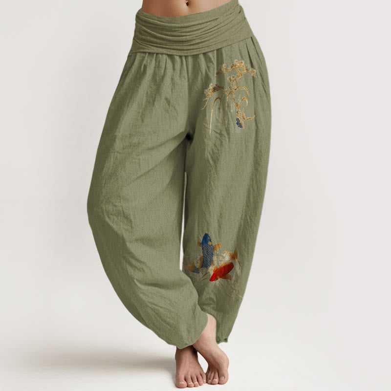 Buddha Stones Pure Cotton Pine Tree Koi Fish Pattern Women's Elastic Waist Harem Pants - OliveDrab - US16,UK/AU20,EU48 (3XL) - image 14