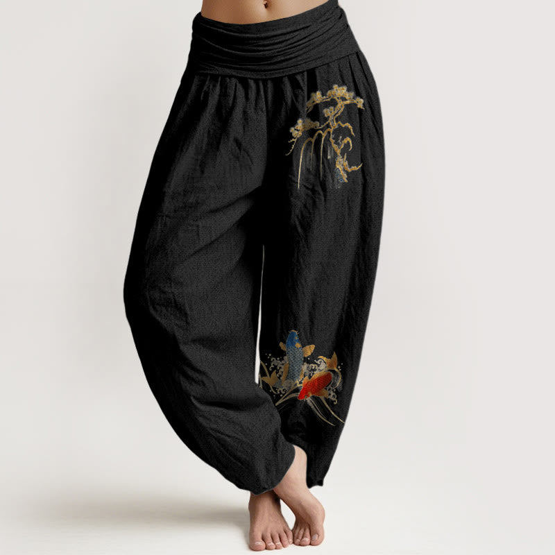 Buddha Stones Pure Cotton Pine Tree Koi Fish Pattern Women's Elastic Waist Harem Pants - Black - US16,UK/AU20,EU48 (3XL) - image 0