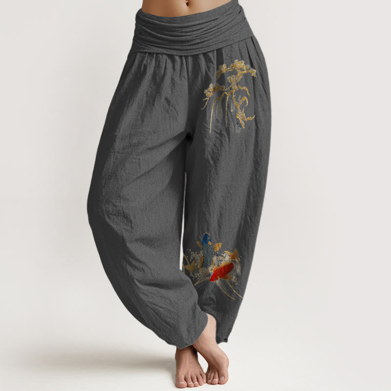Buddha Stones Pure Cotton Pine Tree Koi Fish Pattern Women's Elastic Waist Harem Pants - DimGray - US16,UK/AU20,EU48 (3XL) - image 8