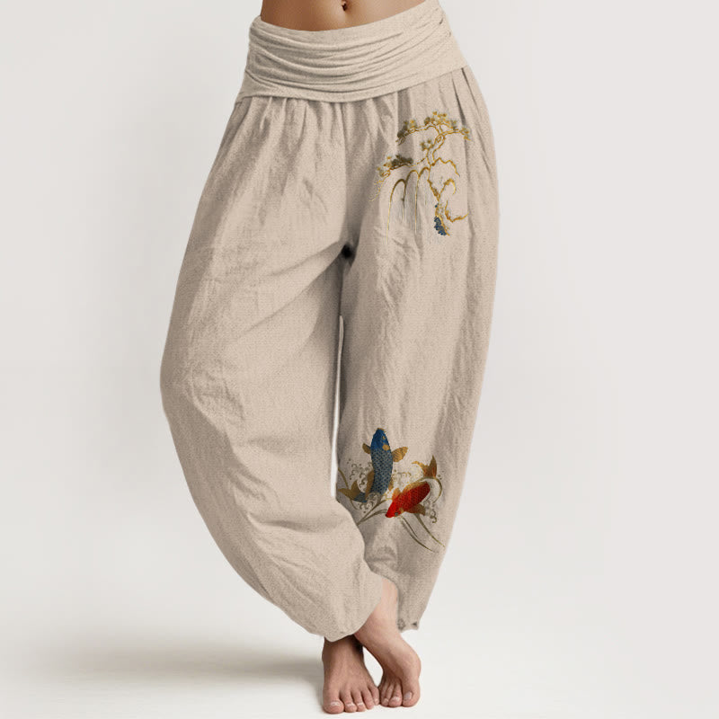 Buddha Stones Pure Cotton Pine Tree Koi Fish Pattern Women's Elastic Waist Harem Pants - Tan - US16,UK/AU20,EU48 (3XL) - image 11