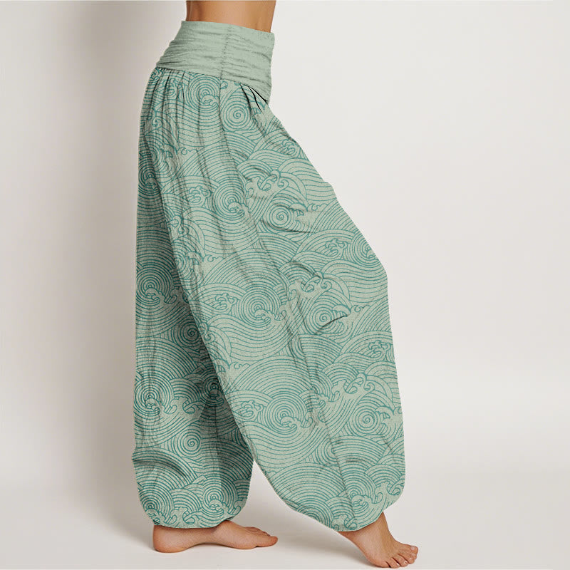 Buddha Stones Pure Cotton Fu Character Ocean Waves Women's Elastic Waist Harem Pants - image 2