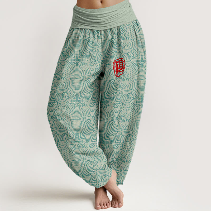Buddha Stones Pure Cotton Fu Character Ocean Waves Women's Elastic Waist Harem Pants - Aquamarine - US16,UK/AU20,EU48 (3XL) - image 0