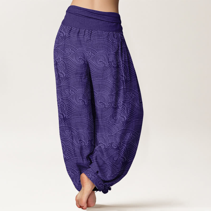 Buddha Stones Pure Cotton Fu Character Ocean Waves Women's Elastic Waist Harem Pants - image 6