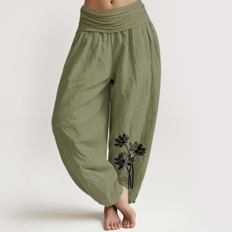 Buddha Stones Casual Three Lotus Flowers Pattern Women's Elastic Waist Harem Cotton Pants - OliveDrab - US16,UK/AU20,EU48 (3XL) - image 8