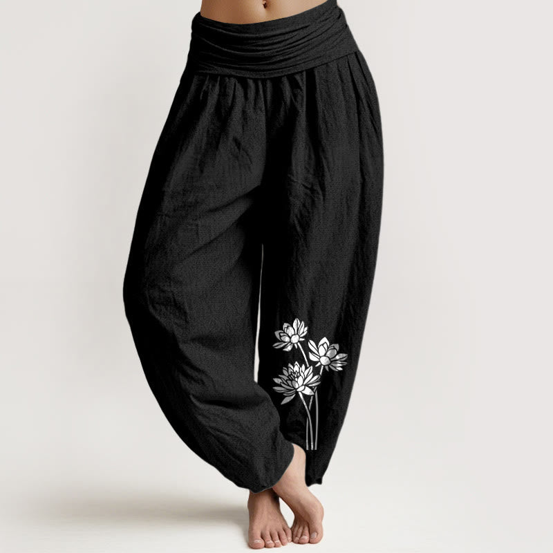 Buddha Stones Casual Three Lotus Flowers Pattern Women's Elastic Waist Harem Cotton Pants - Black - US16,UK/AU20,EU48 (3XL) - image 11