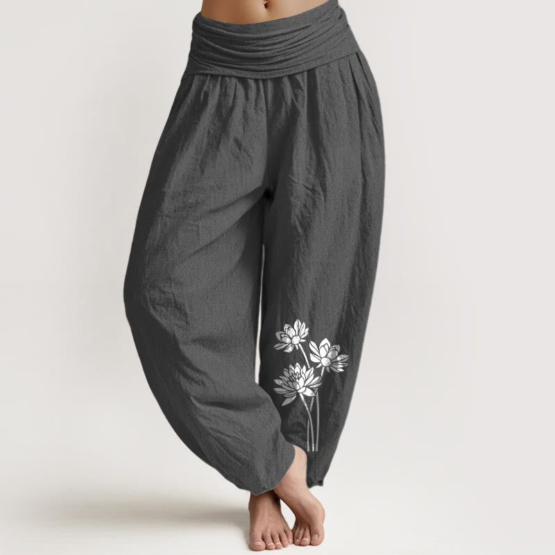 Buddha Stones Casual Three Lotus Flowers Pattern Women's Elastic Waist Harem Cotton Pants - DimGray - US16,UK/AU20,EU48 (3XL) - image 0