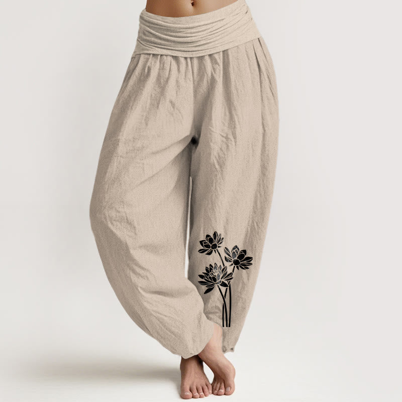 Buddha Stones Casual Three Lotus Flowers Pattern Women's Elastic Waist Harem Cotton Pants - Tan - US16,UK/AU20,EU48 (3XL) - image 5