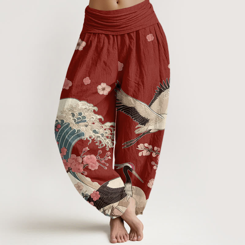 Buddha Stones Pure Cotton Cranes Peach Blossoms Ocean Women's Elastic Waist Harem Pants - DarkRed - US16,UK/AU20,EU48 (3XL) - image 0