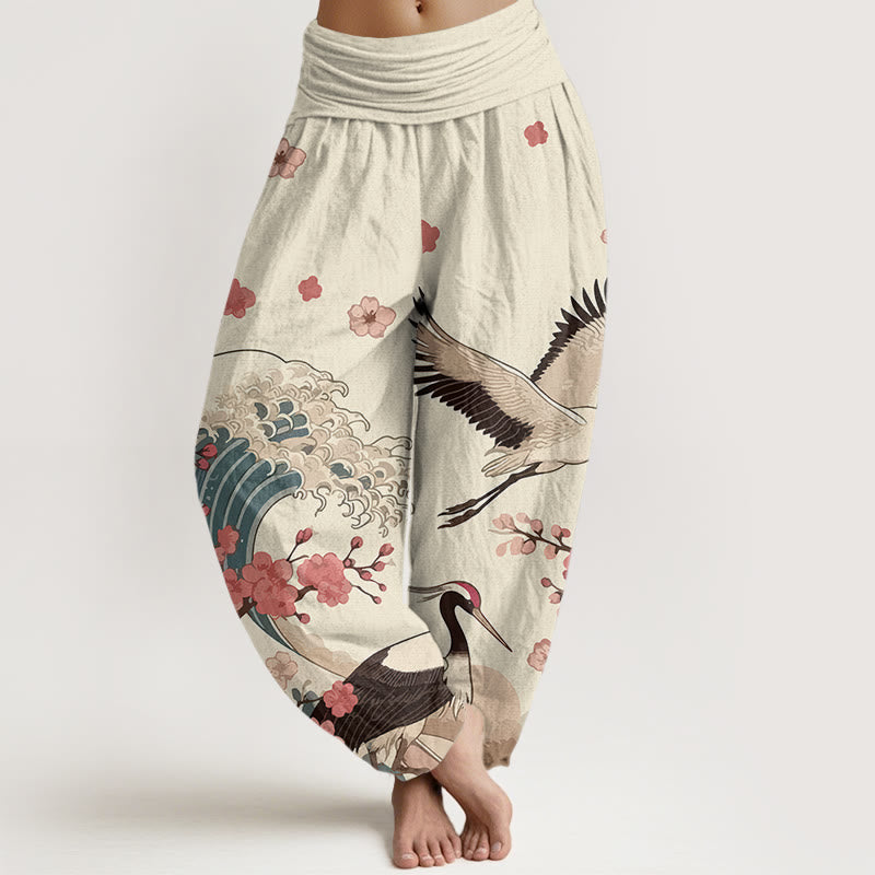 Buddha Stones Pure Cotton Cranes Peach Blossoms Ocean Women's Elastic Waist Harem Pants - Linen - US16,UK/AU20,EU48 (3XL) - image 8