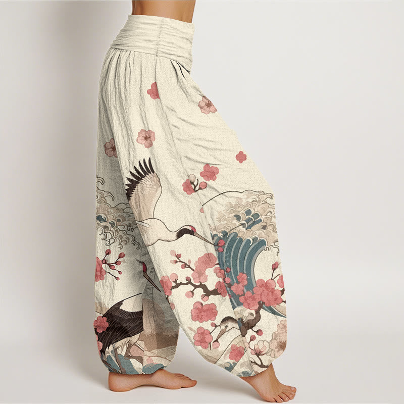 Buddha Stones Pure Cotton Cranes Peach Blossoms Ocean Women's Elastic Waist Harem Pants - image 10