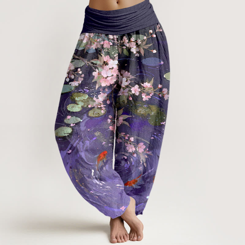 Buddha Stones Pure Cotton Sakura Blossoms Koi Fish Lotus Leaves Women's Elastic Waist Harem Pants - DarkViolet - US16,UK/AU20,EU48 (3XL) - image 5