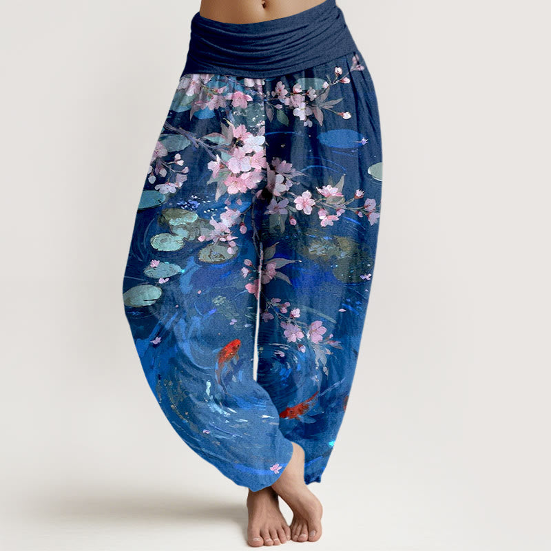 Buddha Stones Pure Cotton Sakura Blossoms Koi Fish Lotus Leaves Women's Elastic Waist Harem Pants - RoyalBlue - US16,UK/AU20,EU48 (3XL) - image 8