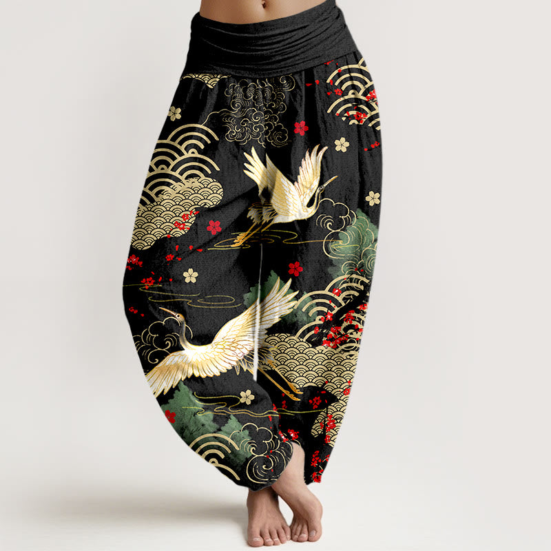 Buddha Stones Print Crane Auspicious Clouds Flowers Pattern Women's Elastic Waist Harem Cotton Pants - Blcak - US16,UK/AU20,EU48 (3XL) - image 0