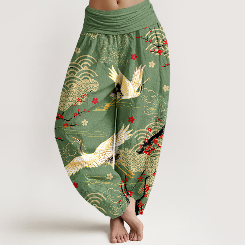Buddha Stones Print Crane Auspicious Clouds Flowers Pattern Women's Elastic Waist Harem Cotton Pants - MediumSeaGreen - US16,UK/AU20,EU48 (3XL) - image 5