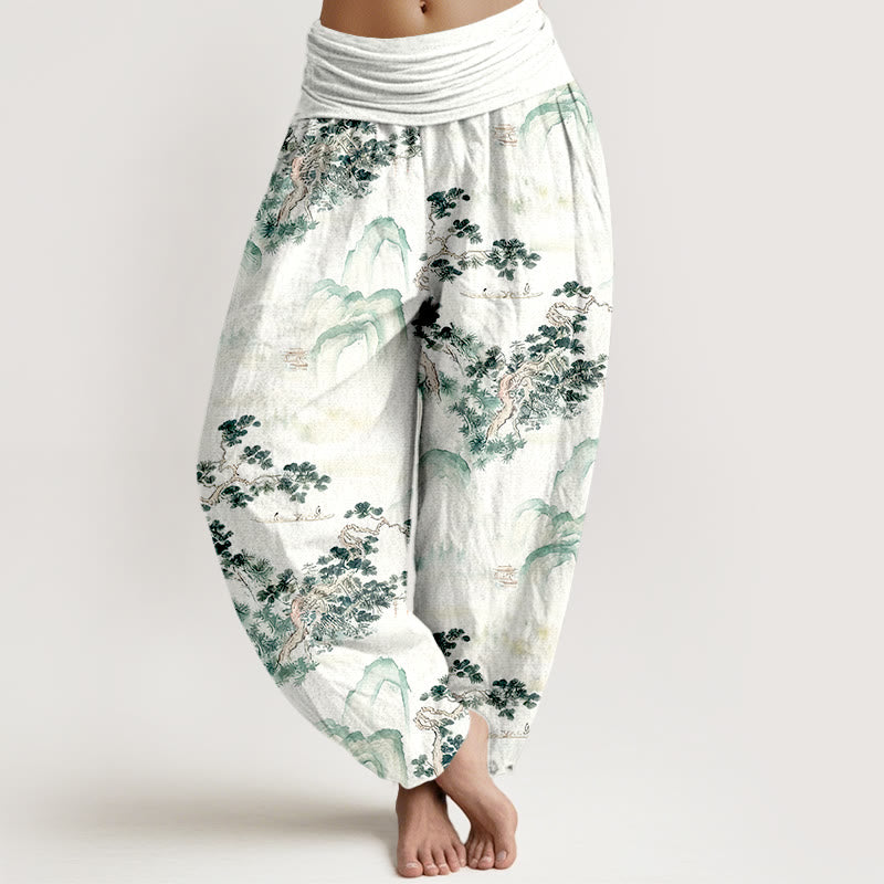 Buddha Stones Print Pine Trees Mountains Pattern Pure Cotton Women's Elastic Waist Harem Pants - SeaGreen - US16,UK/AU20,EU48 (3XL) - image 0