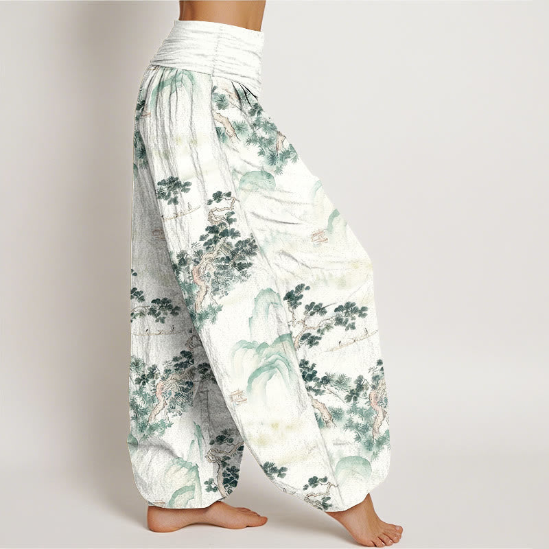 Buddha Stones Print Pine Trees Mountains Pattern Pure Cotton Women's Elastic Waist Harem Pants - image 2