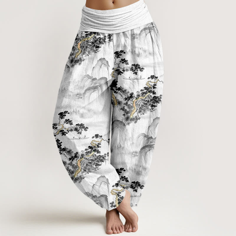 Buddha Stones Print Pine Trees Mountains Pattern Pure Cotton Women's Elastic Waist Harem Pants - Black - US16,UK/AU20,EU48 (3XL) - image 5