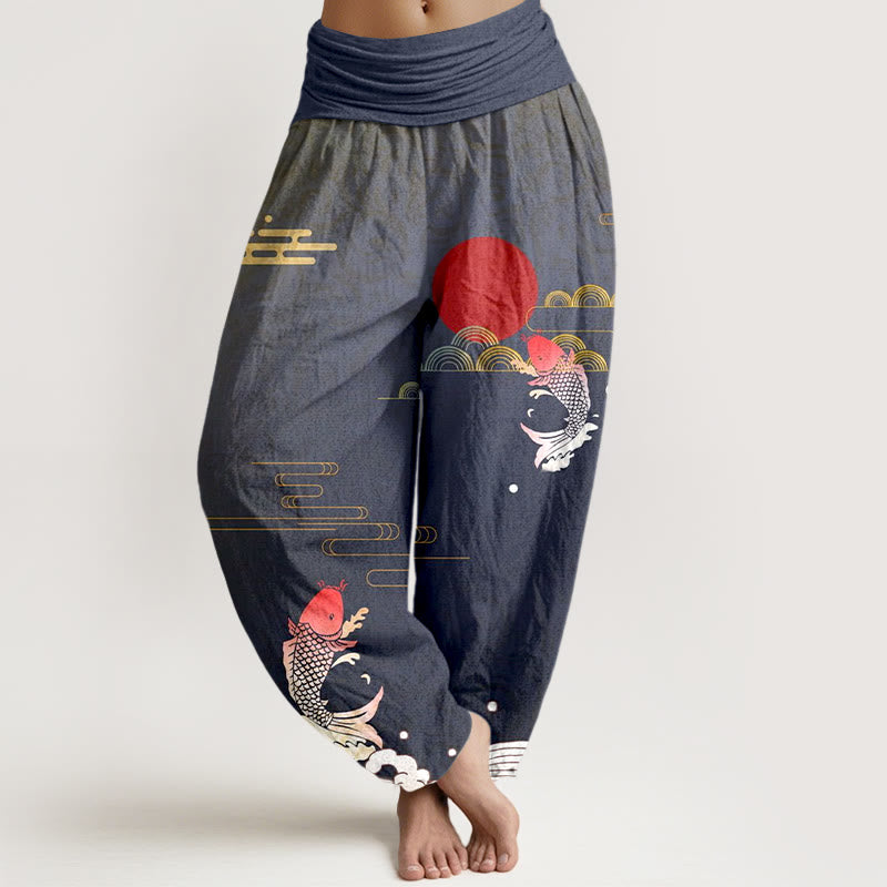 Buddha Stones Koi Fish Red Sun Waves Clouds Pattern Women's Elastic Waist Harem Pure Cotton Pants - LightSlateGray - US16,UK/AU20,EU48 (3XL) - image 0