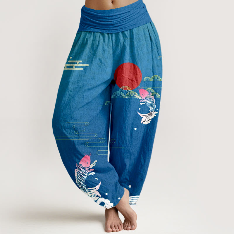 Buddha Stones Koi Fish Red Sun Waves Clouds Pattern Women's Elastic Waist Harem Pure Cotton Pants - SteelBlue - US16,UK/AU20,EU48 (3XL) - image 5