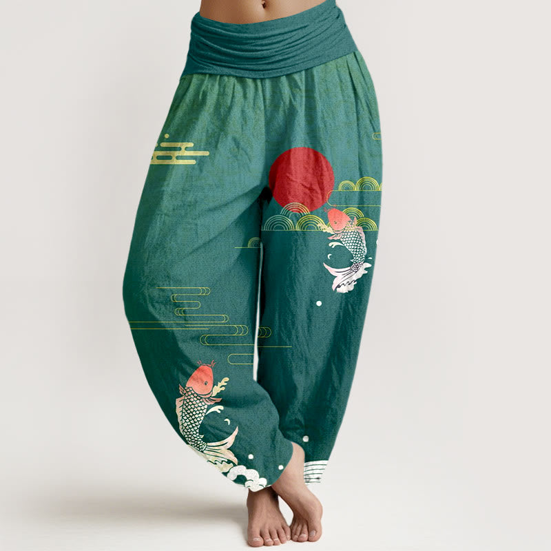 Buddha Stones Koi Fish Red Sun Waves Clouds Pattern Women's Elastic Waist Harem Pure Cotton Pants - DarkCyan - US16,UK/AU20,EU48 (3XL) - image 8