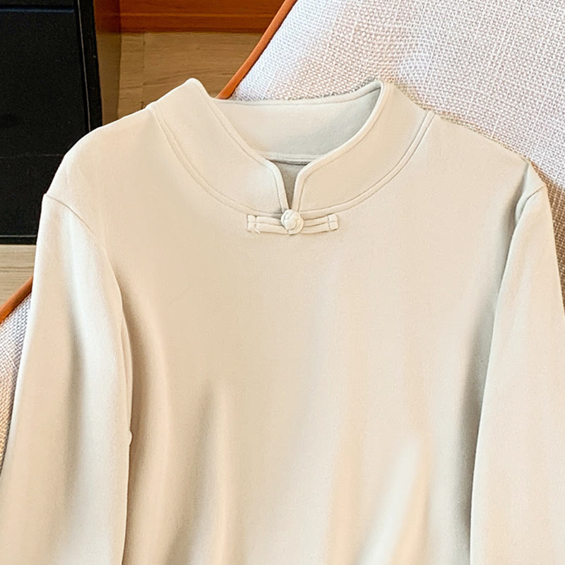 Buddha Stones Spring Solid Color Stand Collar Frog-button Design Women's Cotton Long Sleeve Shirt - image 4