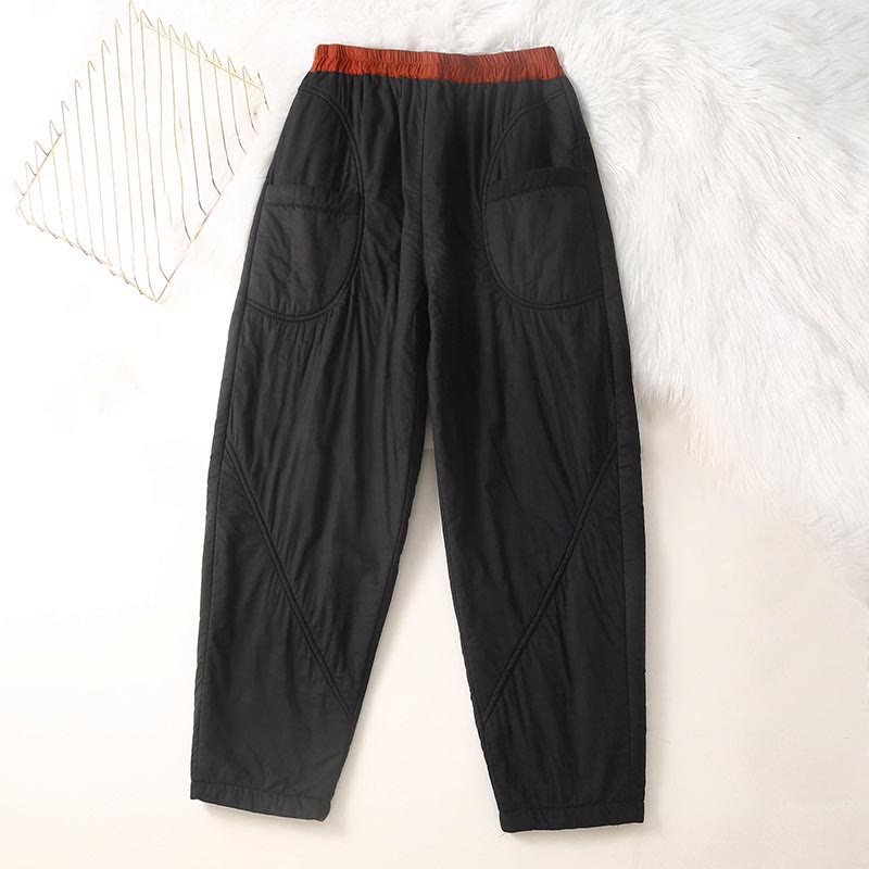 Buddha Stones Women's Winter Plain Elastic Waist Design Thickened Harem Pants With Pockets - Black - US8-10,UK/AU12-14,EU40-42 (2XL) - image 3