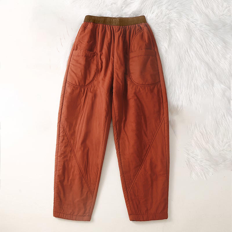 Buddha Stones Women's Winter Plain Elastic Waist Design Thickened Harem Pants With Pockets - OrangeRed - US8-10,UK/AU12-14,EU40-42 (2XL) - image 5