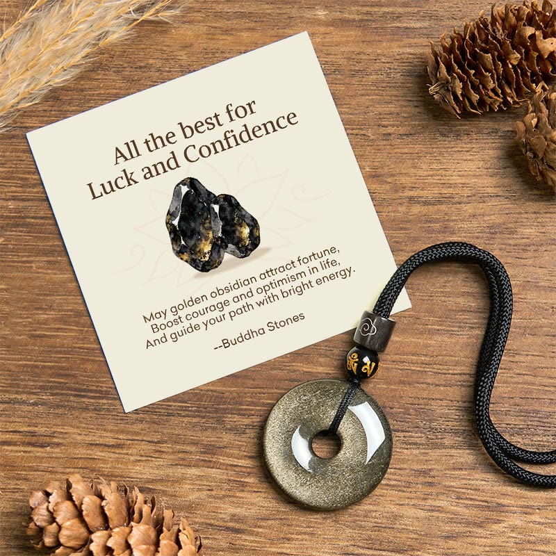 Buddha Stones "All the best for Luck and Confidence" Obsidian Necklace Includes Gift Message Card - Gold Sheen Obsidian - Standard Gift Box - image 0