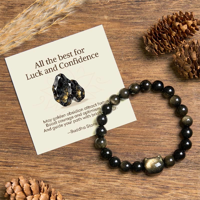 Buddha Stones "All the best for Luck and Confidence" Lovely Cat Bracelet Includes Gift Message Card - Gold Sheen Obsidian Cat Head - 10mm - Standard Gift Box - image 0