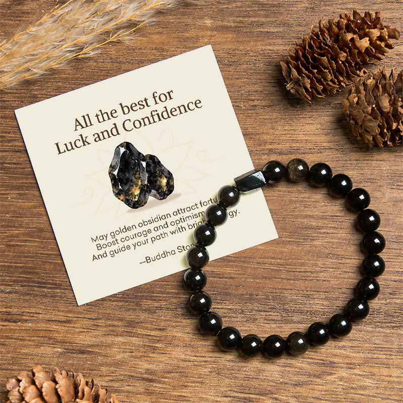 Buddha Stones "All the best for Luck and Confidence" Obsidian Bracelet Includes Gift Message Card - Gold Sheen Obsidian Black Tourmaline(Wrist Circumference: 14-16cm) - Standard Gift Box - image 0