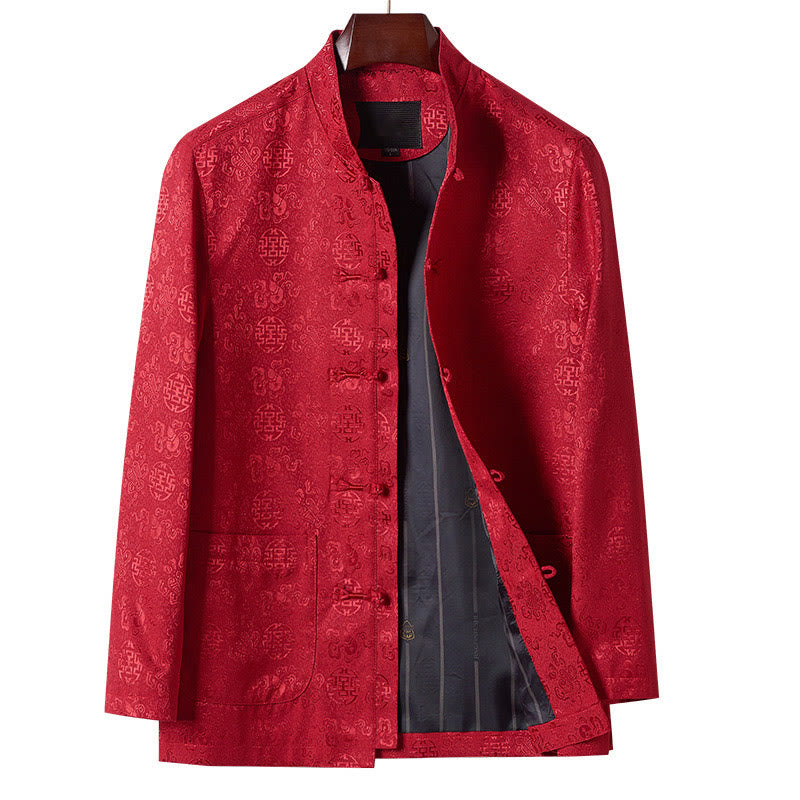Buddha Stones Embroidery Pattern Stand Collar Long Sleeve Men's Tang Suit Jacket With Pockets - Red - US/UK/AU44,EU54 (4XL) - image 0
