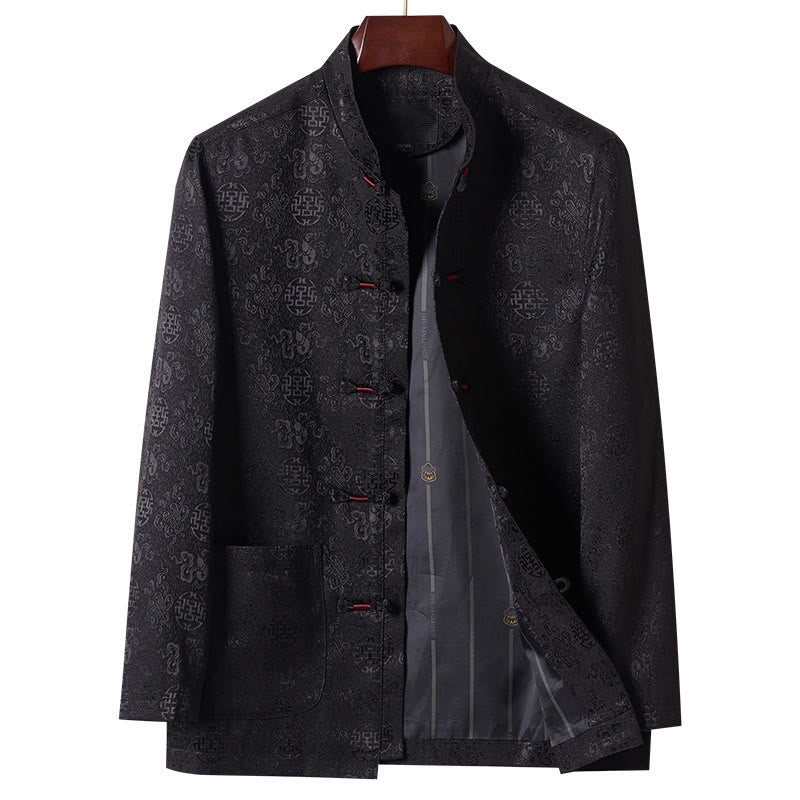 Buddha Stones Embroidery Pattern Stand Collar Long Sleeve Men's Tang Suit Jacket With Pockets - Black - US/UK/AU44,EU54 (4XL) - image 11