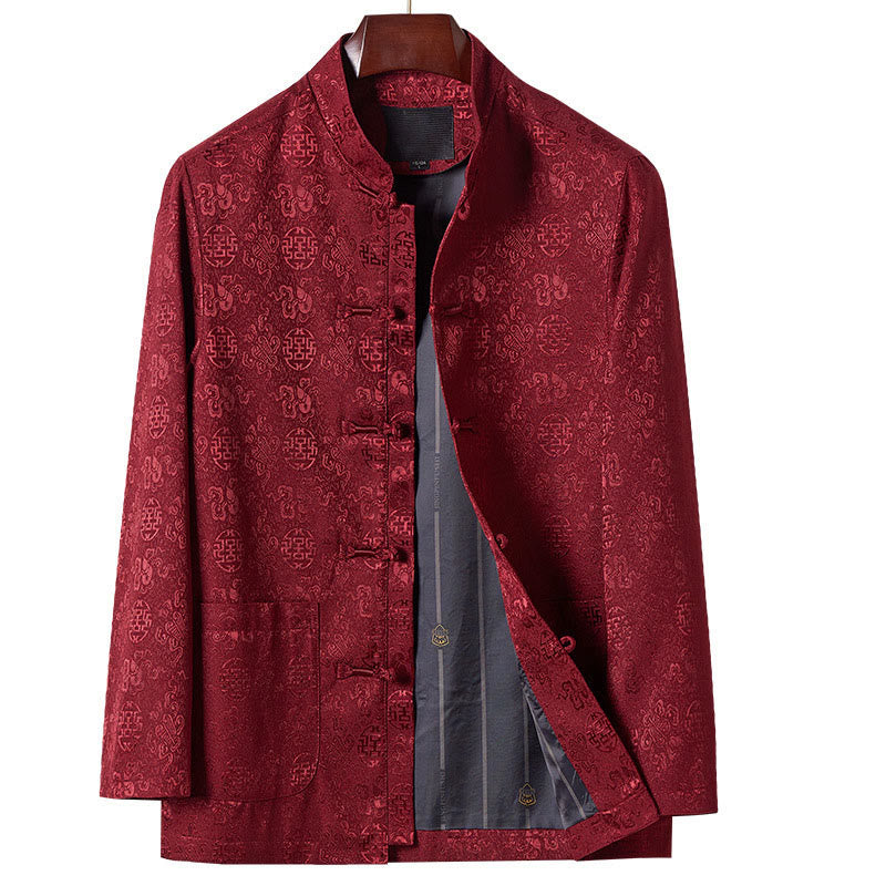 Buddha Stones Embroidery Pattern Stand Collar Long Sleeve Men's Tang Suit Jacket With Pockets - DarkRed - US/UK/AU44,EU54 (4XL) - image 1