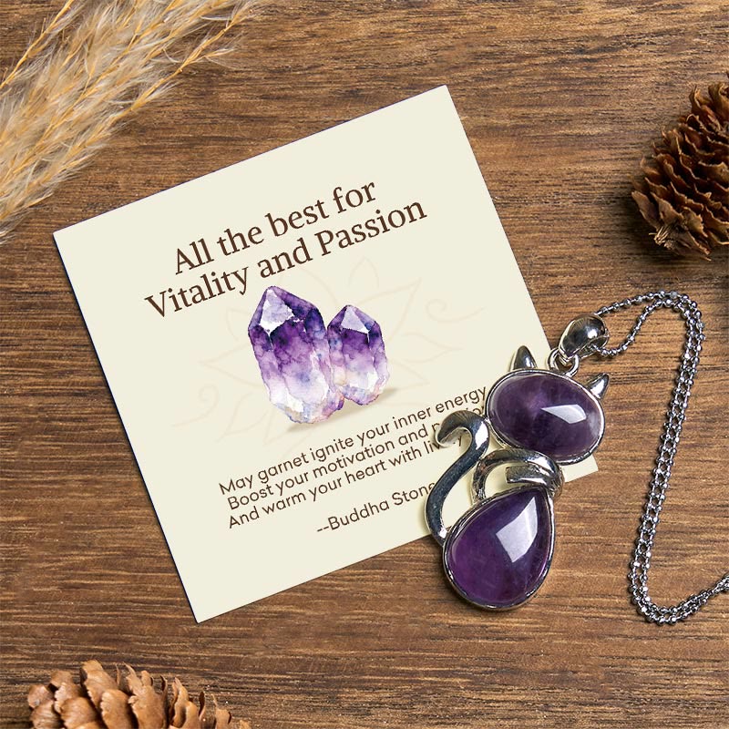 Buddha Stones "All the best for Calm and Wisdom" Cat Amethyst Necklace Includes Gift Message Card - Amethyst - Standard Gift Box - image 0