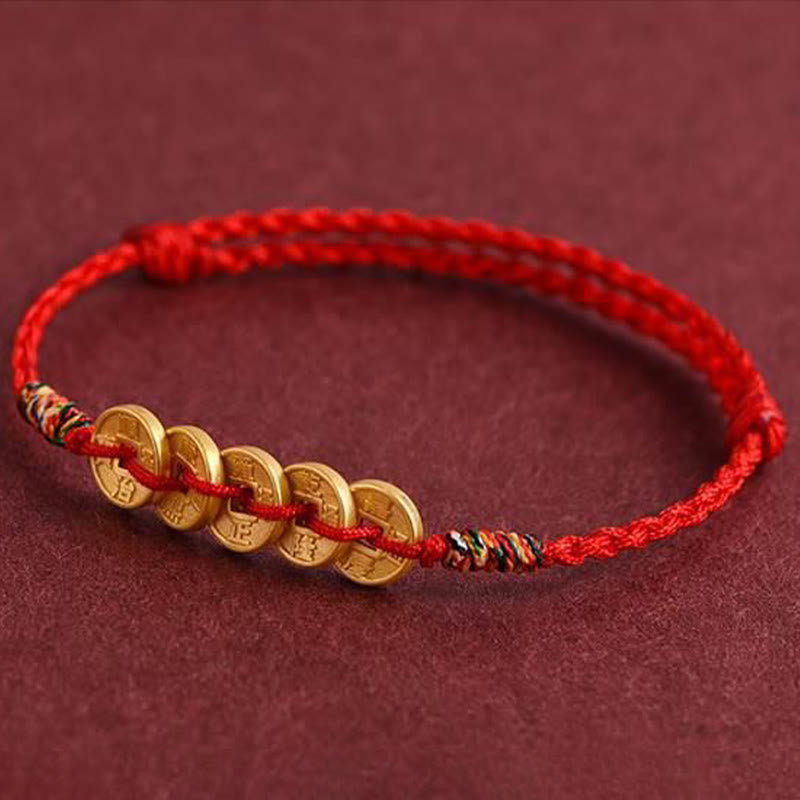 Buddha Stones Five Copper Coins Design Braided String Protection Bracelet Anklet - image 2