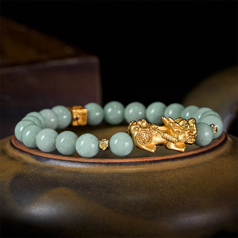 Buddha Stones Golden Pi Xiu Charm Jade Luck Prosperity Beaded Bracelet - image 1