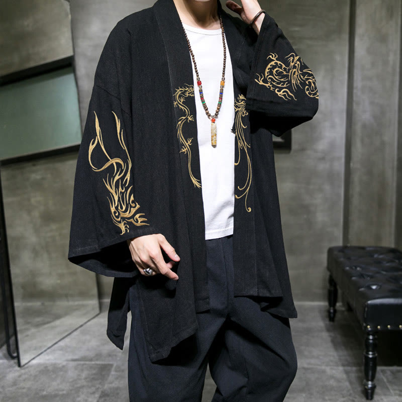 Buddha Stones Dragon Phoenix Open Front Long Sleeve Jacket Men's Cotton Kimono - Black - US/UK/AU48,EU58(5XL) - image 0