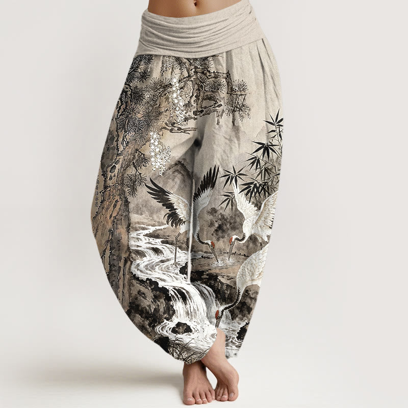 Buddha Stones Pure Cotton Red-crowned Crane Stream Pattern Women's Elastic Waist Harem Pants - Tan - US16,UK/AU20,EU48 (3XL) - image 0