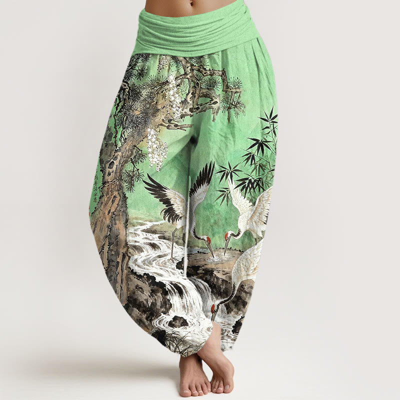 Buddha Stones Pure Cotton Red-crowned Crane Stream Pattern Women's Elastic Waist Harem Pants - LightGreen - US16,UK/AU20,EU48 (3XL) - image 5