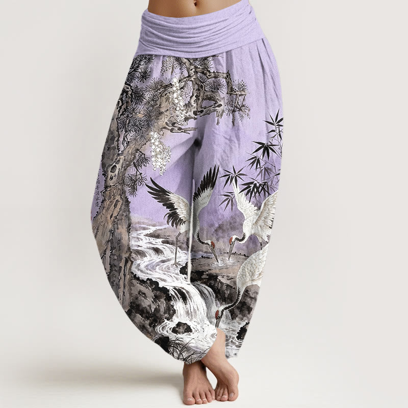 Buddha Stones Pure Cotton Red-crowned Crane Stream Pattern Women's Elastic Waist Harem Pants - MediumPurple - US16,UK/AU20,EU48 (3XL) - image 8