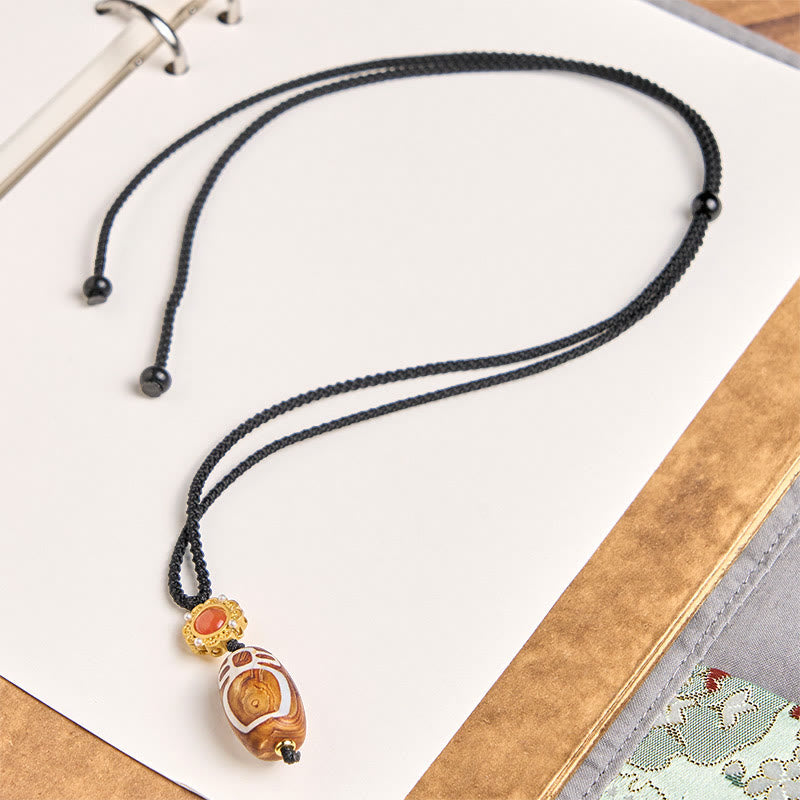 Buddha Stones Tibetan Agate Carved God of Wealth Nine-eye Dzi Bead Blessing Necklace Pendant - image 2