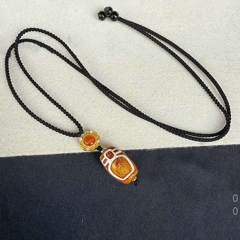 Buddha Stones Tibetan Agate Carved God of Wealth Nine-eye Dzi Bead Blessing Necklace Pendant - image 3